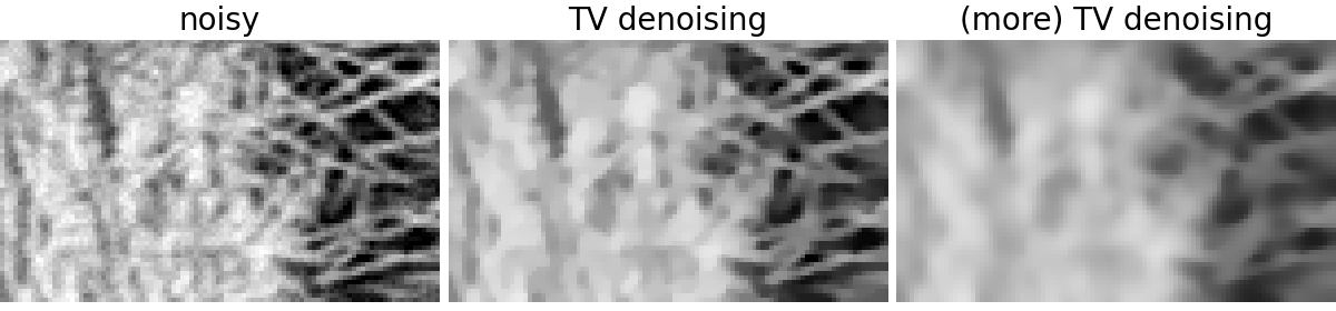 noisy, TV denoising, (more) TV denoising